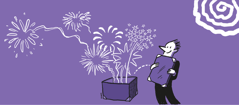 Eine Figur öffnet eine Kiste, aus der ein großes Feuerwerk aufsteigt, vor lila Hintergrund. Eine Illustration von Leo Leowald.