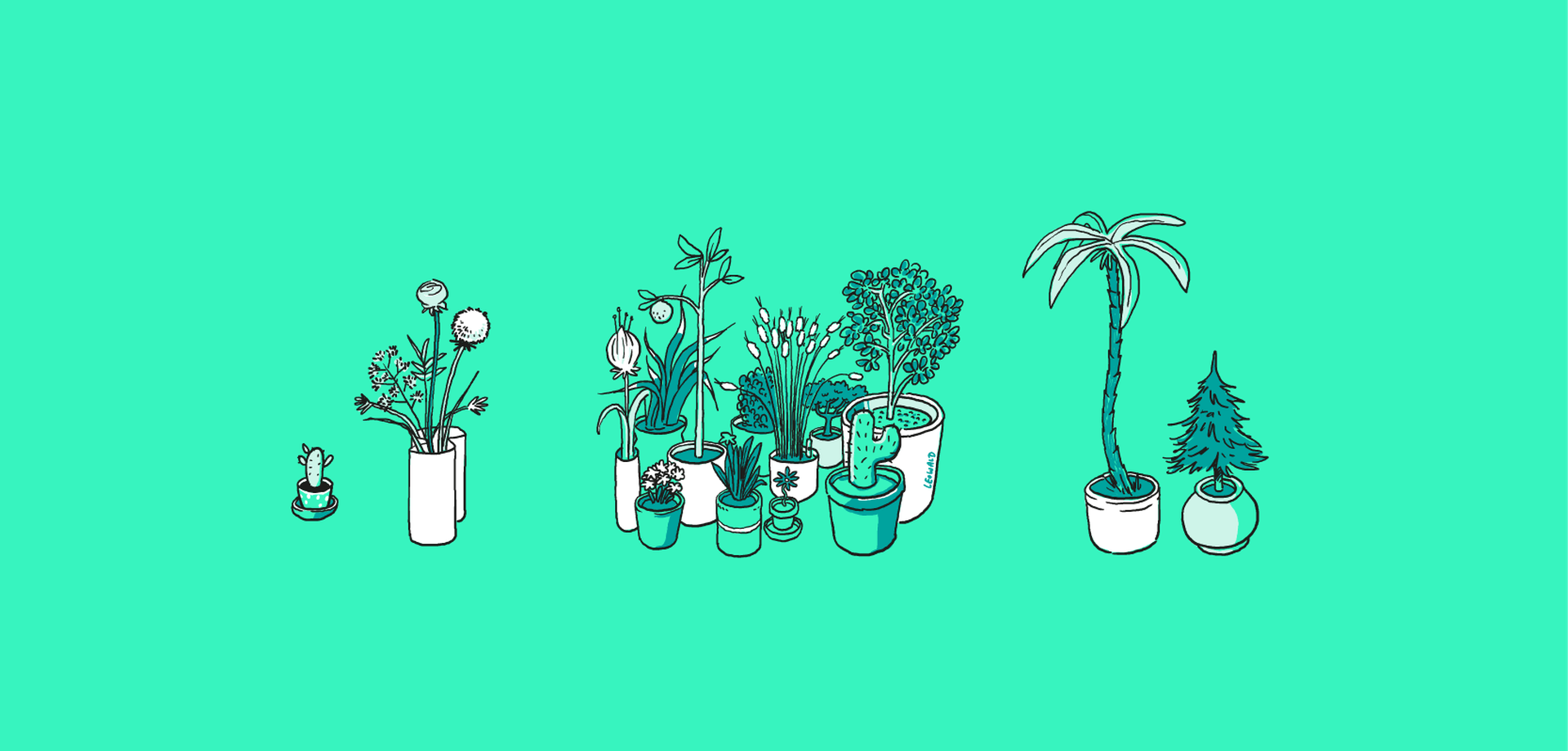 Verschiedene Pflanzen und Blumen auf hellgrünem Hintergrund. Illustration von Leo Leowald.