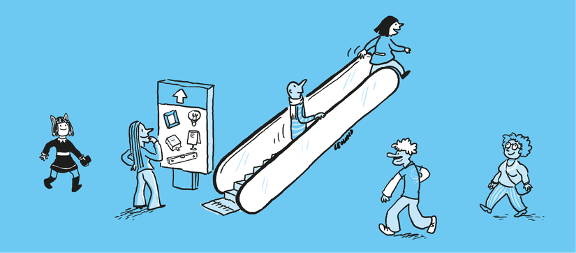 Eine Figur betrachtet einen Plan, während andere sich auf einer Rolltreppe bewegen, vor hellblauem Hintergrund. Illustration von Leo Leowald.