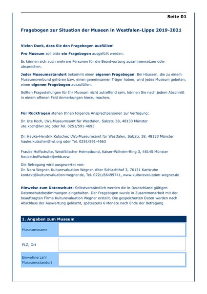 Erste Seite des Fragebogens der Erhebung zur Situation der Museen in Westfalen-Lippe 2019-2021