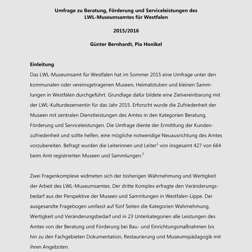 Erste Seite der Onlinepublikation "Umfrage zu Beratung, Förderung und Serviceleistungen des LWL-Museumsamtes für Westfalen 2015/2016"