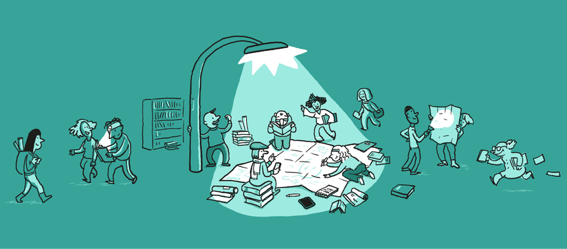 Diverse Figuren sitzen um eine beleuchtete Karte, lesen oder tauschen sich aus. Illustration von Leo Leowald.