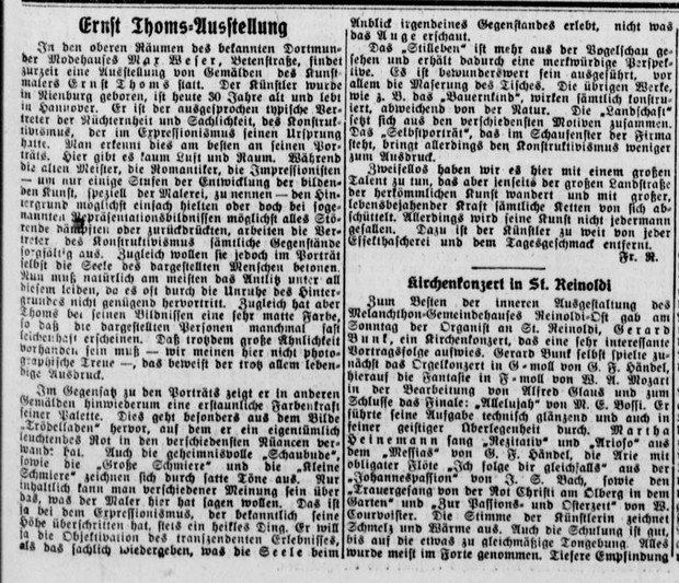 Ernst Thoms-Ausstellung, in: Dortmunder Zeitung vom 22.03.1927 Ernst Thoms-Ausstellung, in: Dortmunder Zeitung vom 22.03.1927