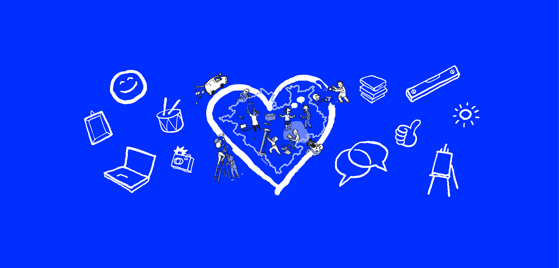 Karte von Westfalen mit einem Herz umrundet, dazu Icons mit typischen Museumsaufgaben auf dunkelblauem Hintergrund. Illustration von Leo Leowald.