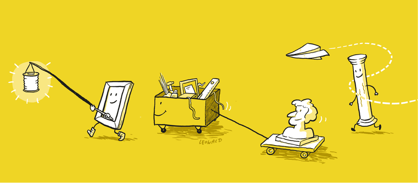 Museumsobjekte wie Büste, Säule und Bilderrahmen wandern gemeinsam mit einer Laterne über gelben Hintergrund. Illustration von Leo Leowald.