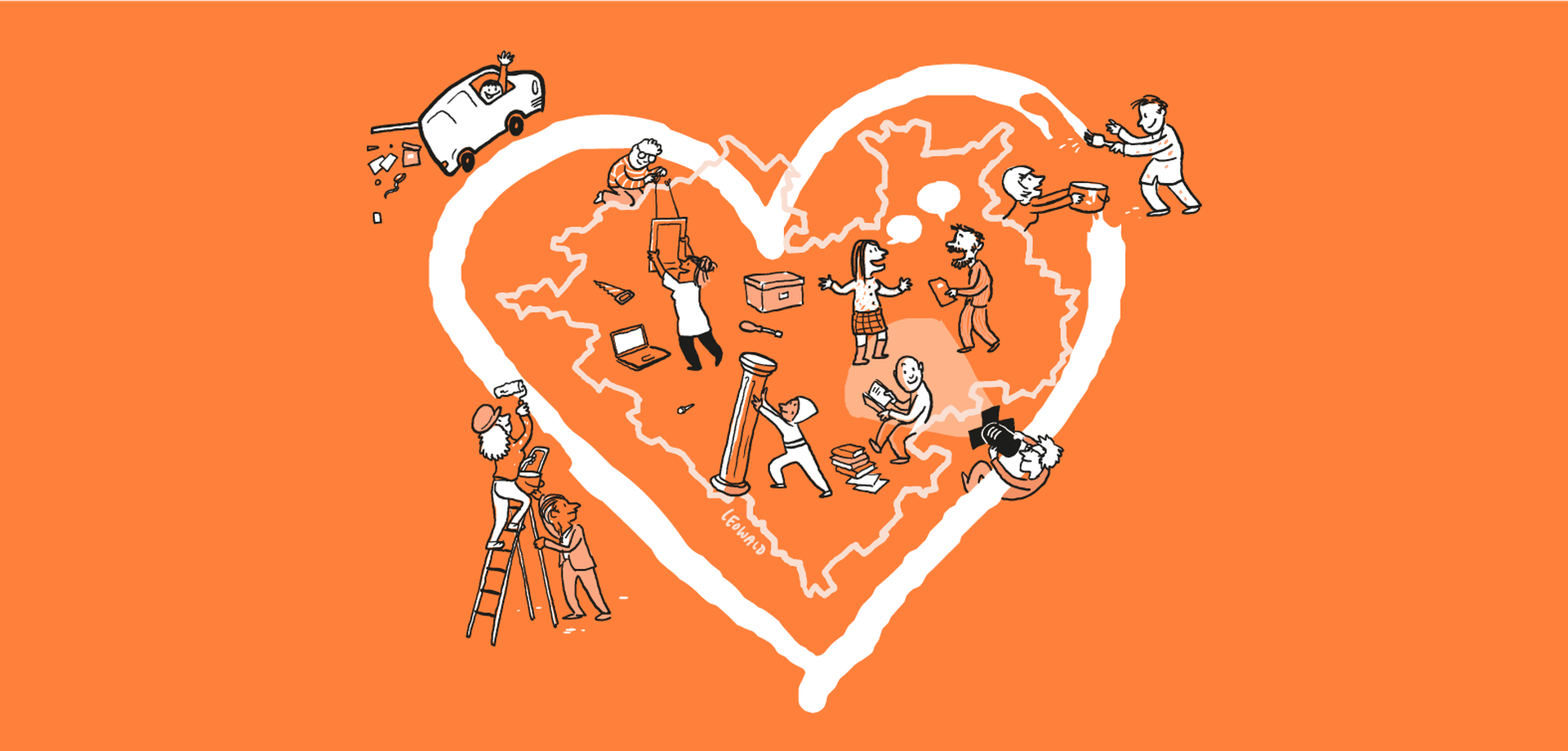 Karte von Westfalen mit einem Herz umrundet, dazu Icons mit typischen Museumsaufgaben auf orangefarbenem Hintergrund. Illustration von Leo Leowald.