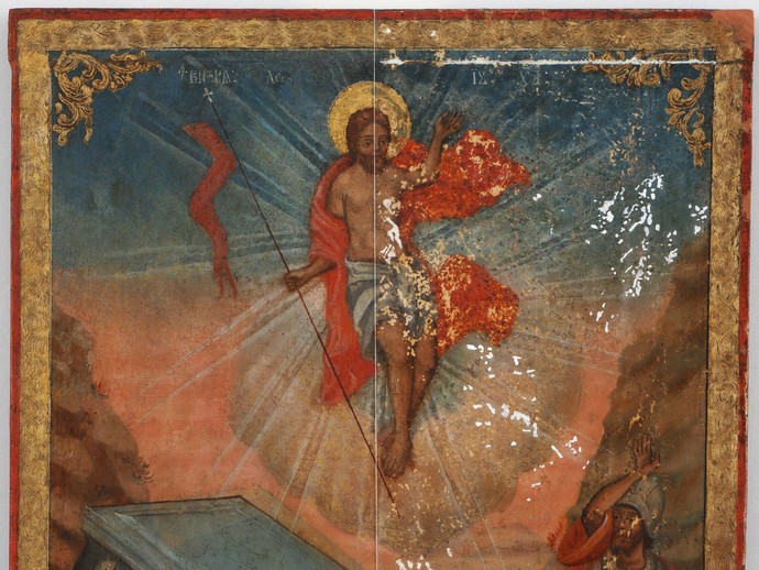 Bildseite „Auferstehung Christi“, Zwischenzustand der Restaurierung; Foto: Ikonen-Museum Recklinghausen