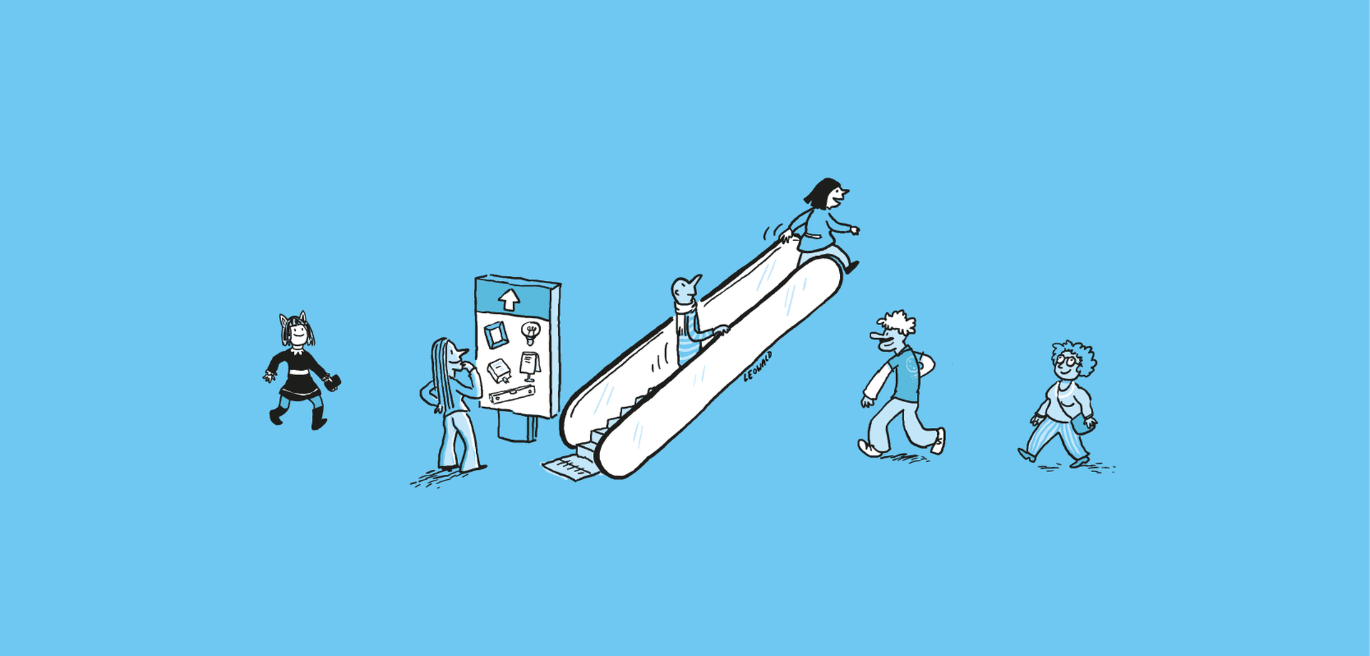Eine Figur betrachtet einen Plan, während andere sich auf einer Rolltreppe bewegen, vor hellblauem Hintergrund. Illustration von Leo Leowald.