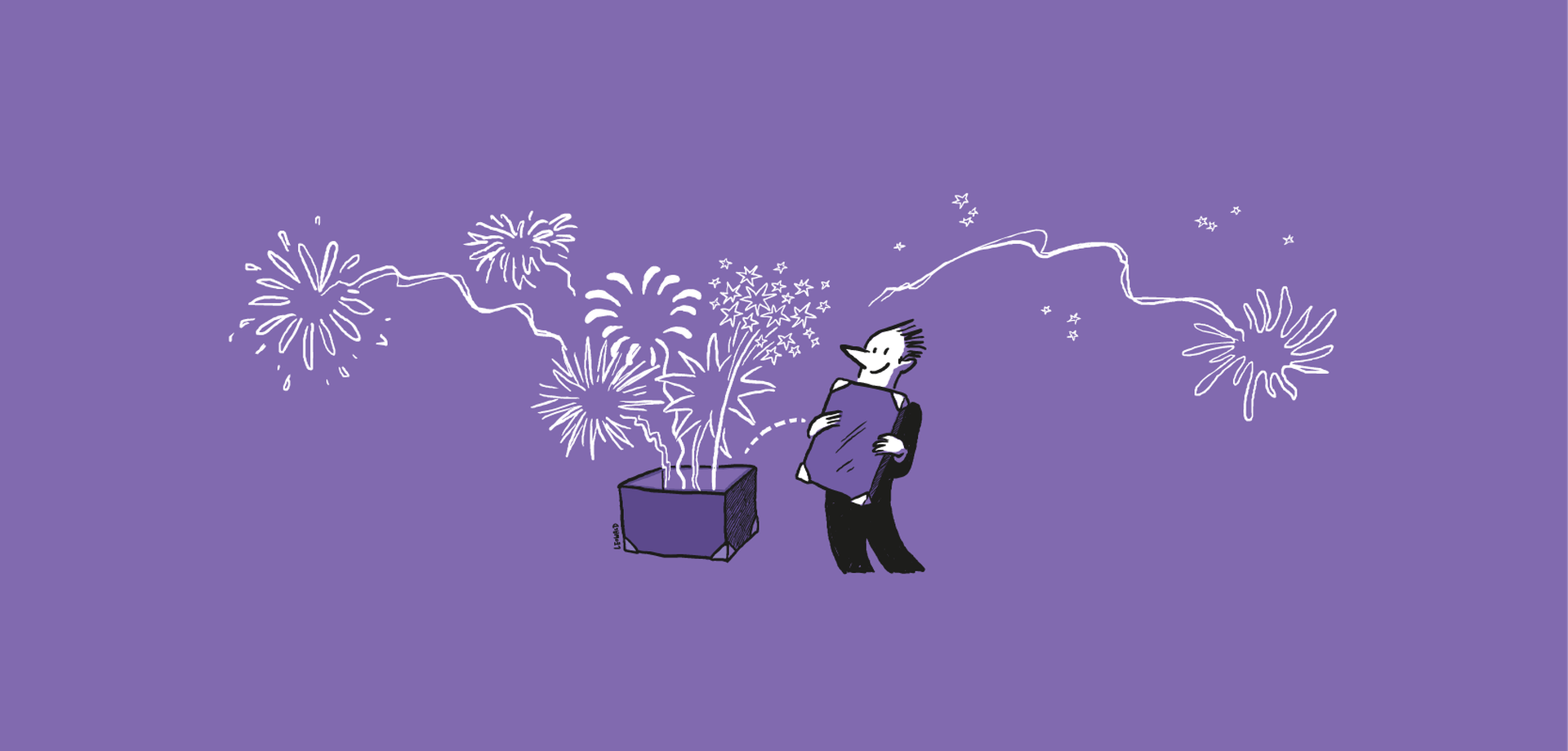 Eine Figur öffnet eine Kiste, aus der ein großes Feuerwerk aufsteigt, vor lila Hintergrund. Illustration von Leo Leowald.