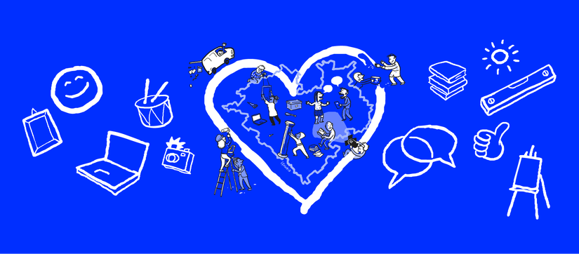 Karte von Westfalen mit einem Herz umrundet, dazu Icons mit typischen Museumsaufgaben auf dunkelblauem Hintergrund. Illustration von Leo Leowald.