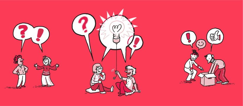 Figuren im Austausch, über ihren Köpfen Sprechblasen mit Fragezeichen und Glühbirnen auf rotem Hintergrund. Illustration von Leo Leowald.