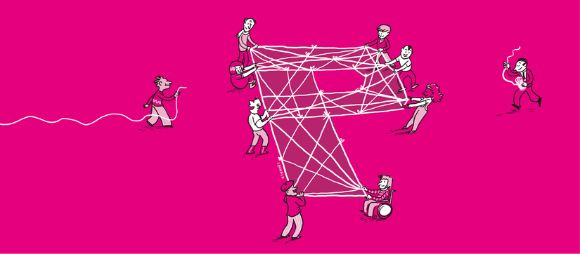 Viele Figuren spannen mit Seilen den Buchstaben 'P' auf pinkfarbenem Hintergrund. Illustration von Leo Leowald.