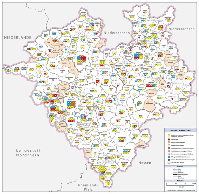 Kartografische Darstellung der Museumslandschaft Westfalen-Lippe (Stand: 31.12.2022), Karte: Geographische Kommission für Westfalen 2023