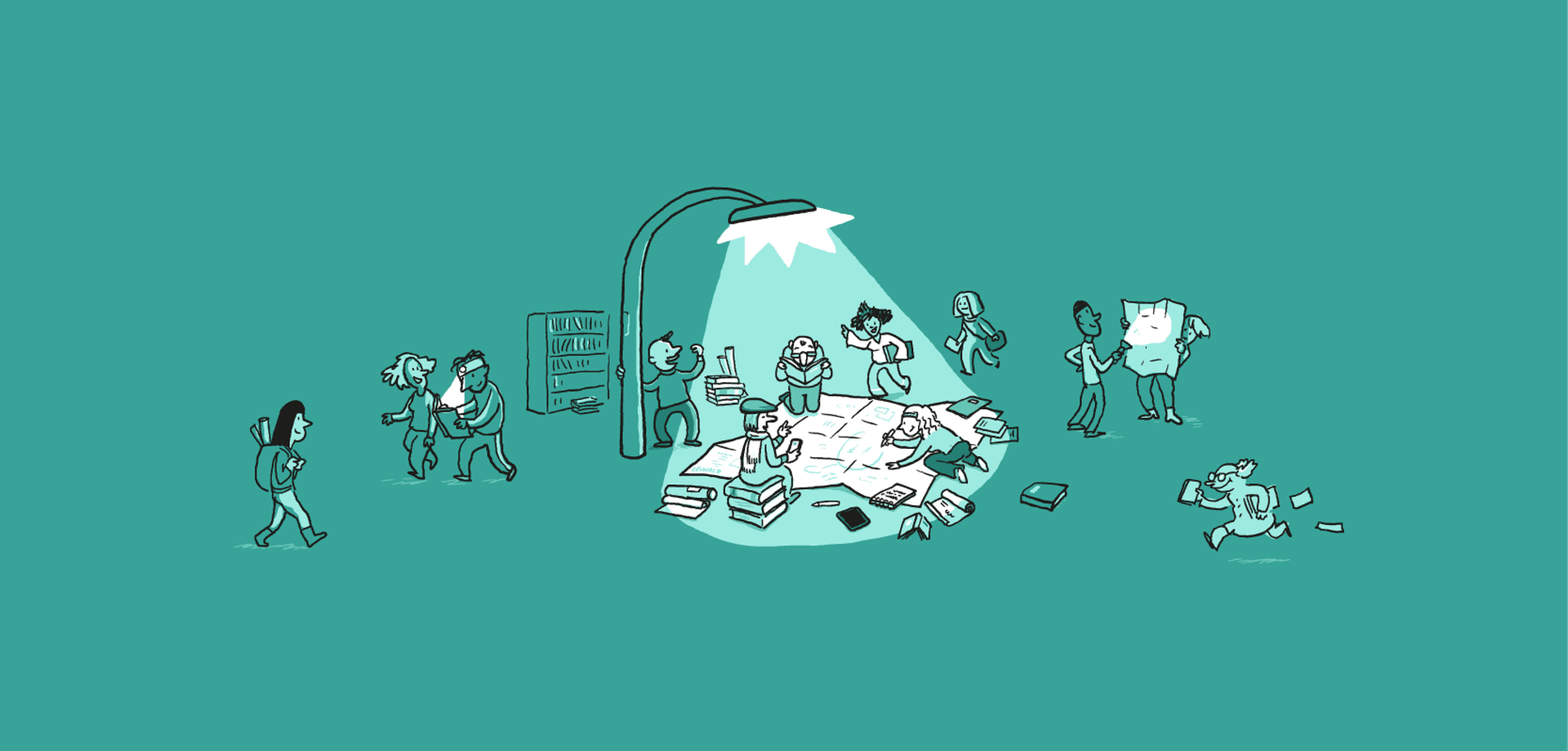 Diverse Figuren sitzen um eine beleuchtete Karte, lesen oder tauschen sich aus. Illustration von Leo Leowald.